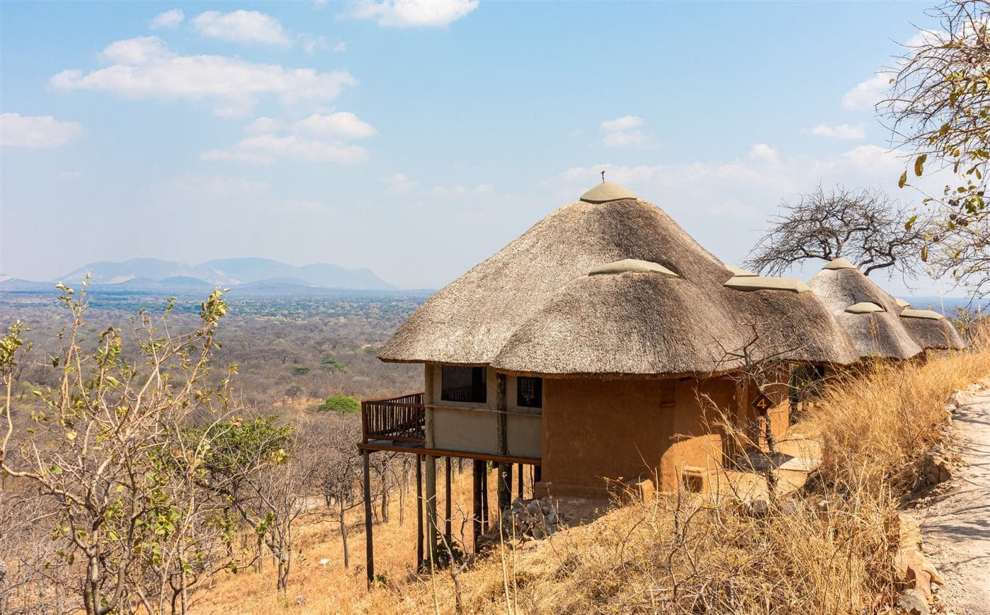 Thatched banda overlooking the Ruaha hills