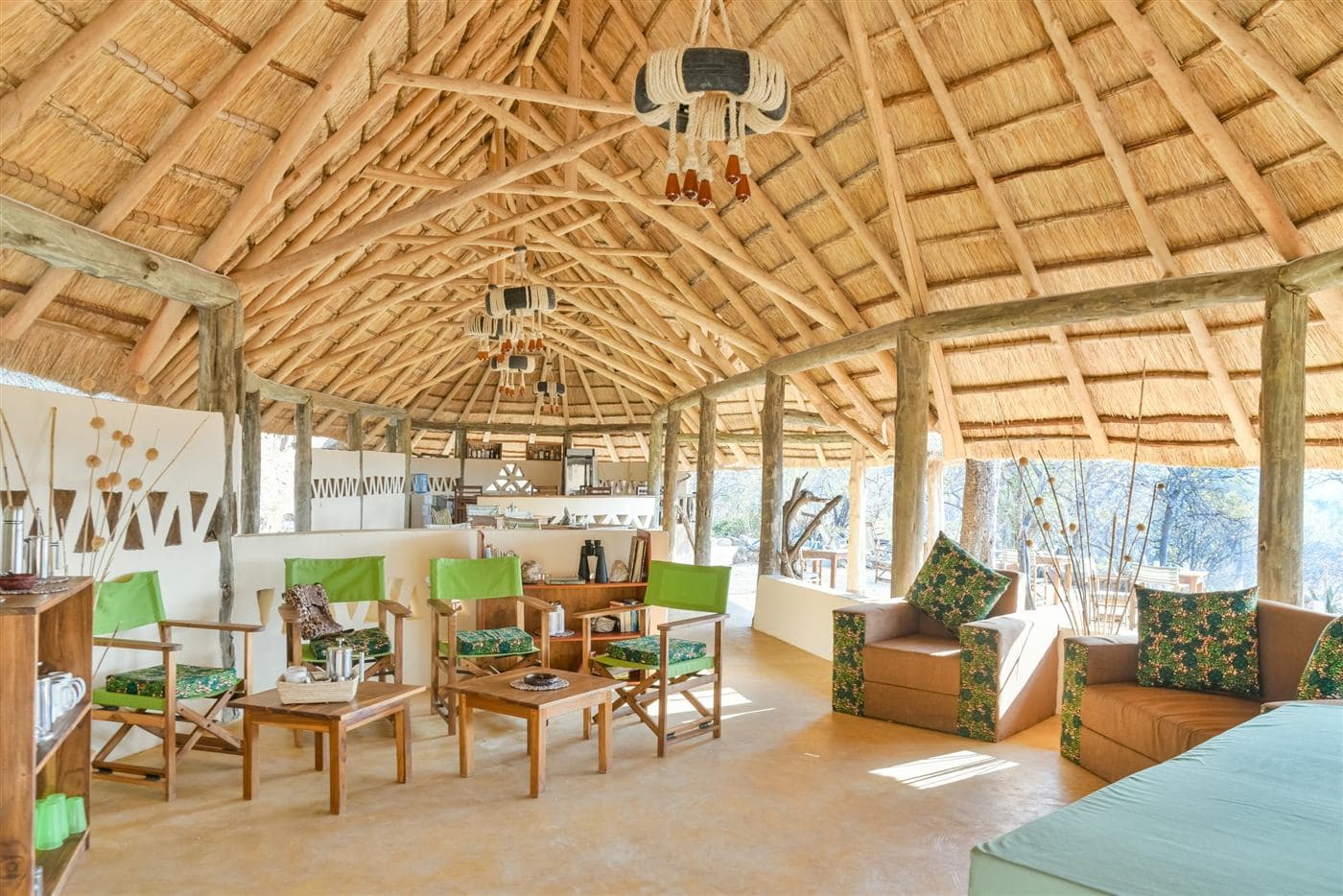 The thatched lounge interior at the camp